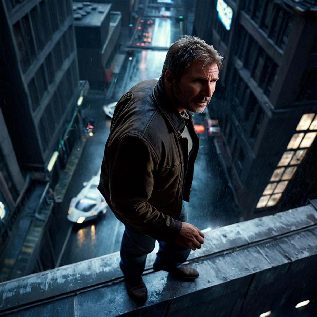 cinematic film still of cinematic film still of 1 realism perfect Chiaroscuro Lighting Style Harrison Ford High angle from...