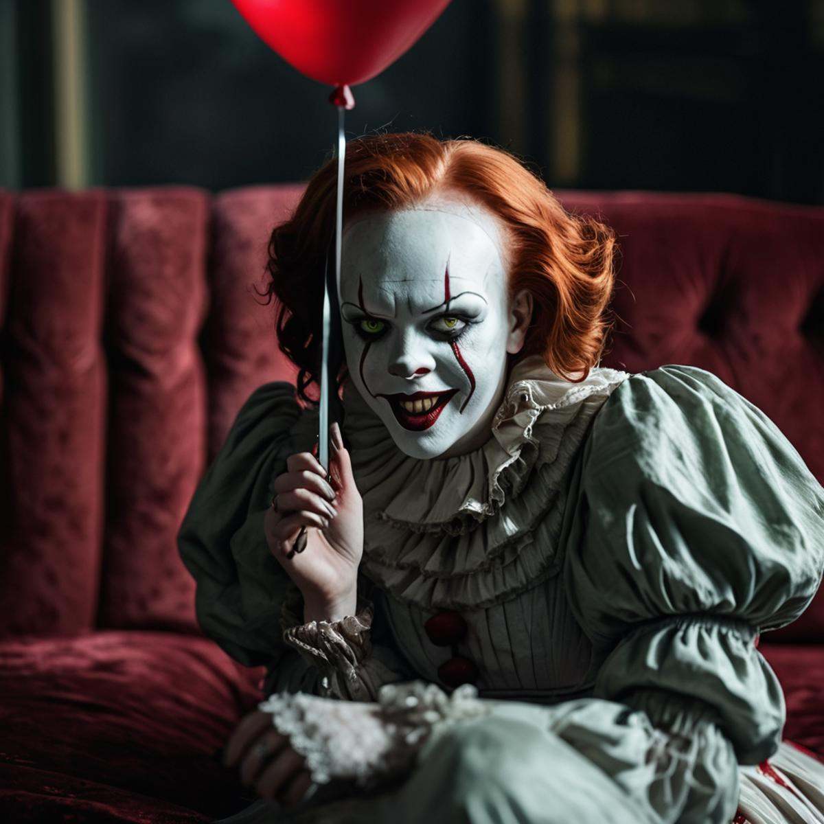cinematic film still of 1 realism perfectpennywise a woman with red hair and makeup holding a knife,  horror movie themed,...