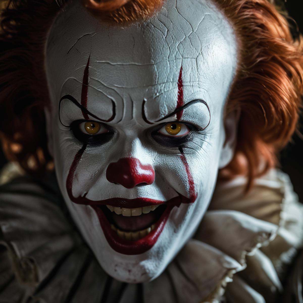 cinematic film still of 1 realism perfectpennywise a creepy clown with red hair and a creepy face,  horror movie themed,...