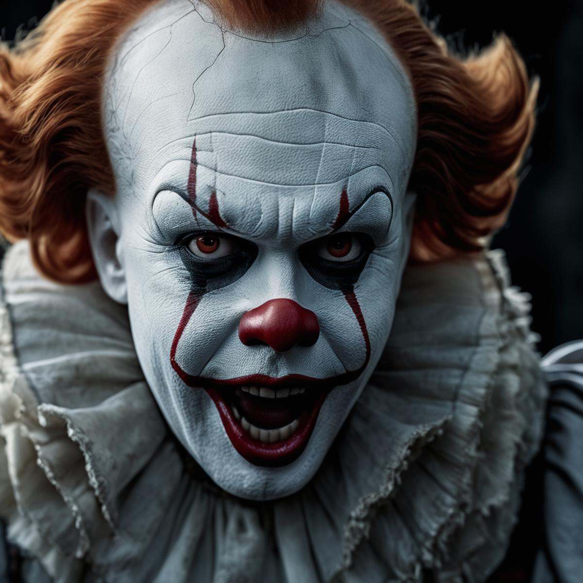 cinematic film still of 1 realism perfectpennywise a creepy clown with a red nose and a white face,  horror movie themed,...