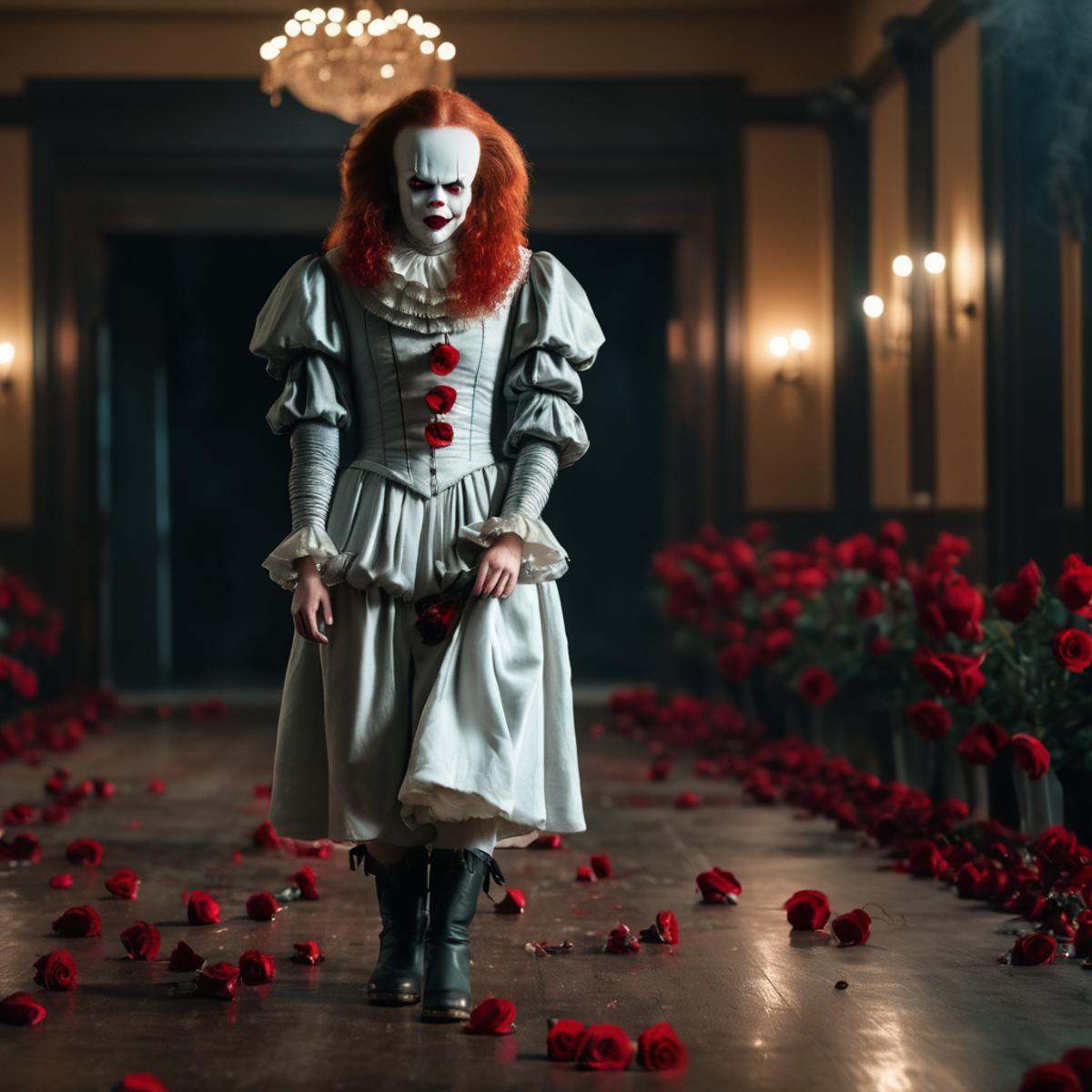 cinematic film still of 1 realism perfectpennywise a woman dressed in a costume standing in a room,  horror movie themed,...
