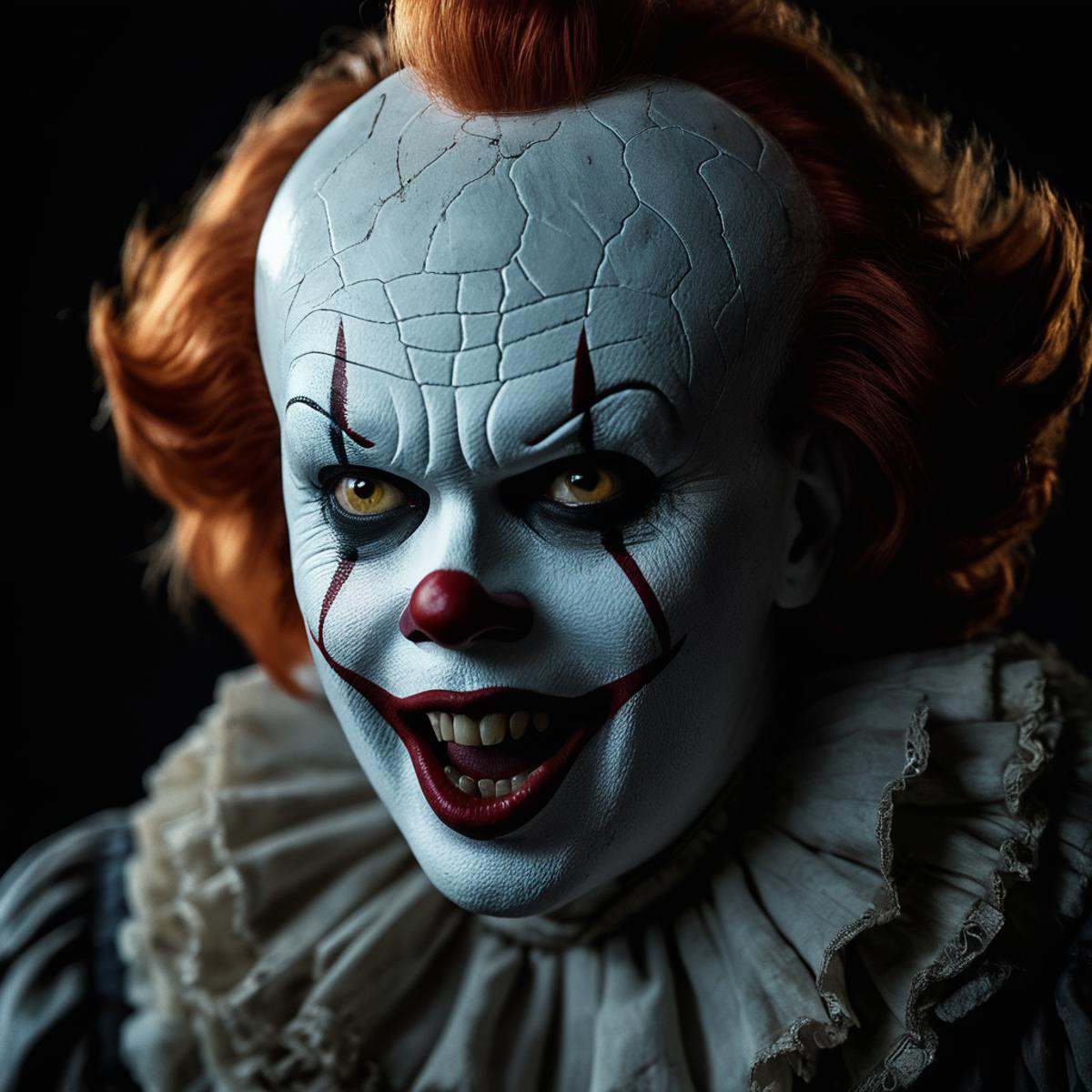 cinematic film still of 1 realism perfectpennywise a creepy clown with a white face and red hair,  horror movie themed,  s...