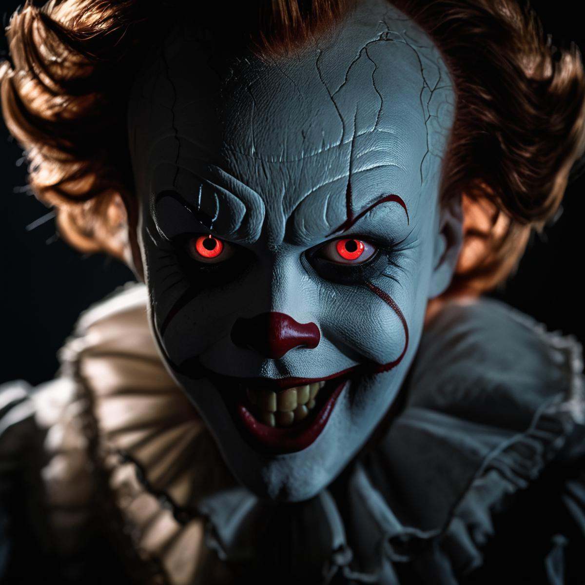 cinematic film still of 1 realism perfectpennywise a creepy clown with glowing eyes and a scary face,  horror movie themed...