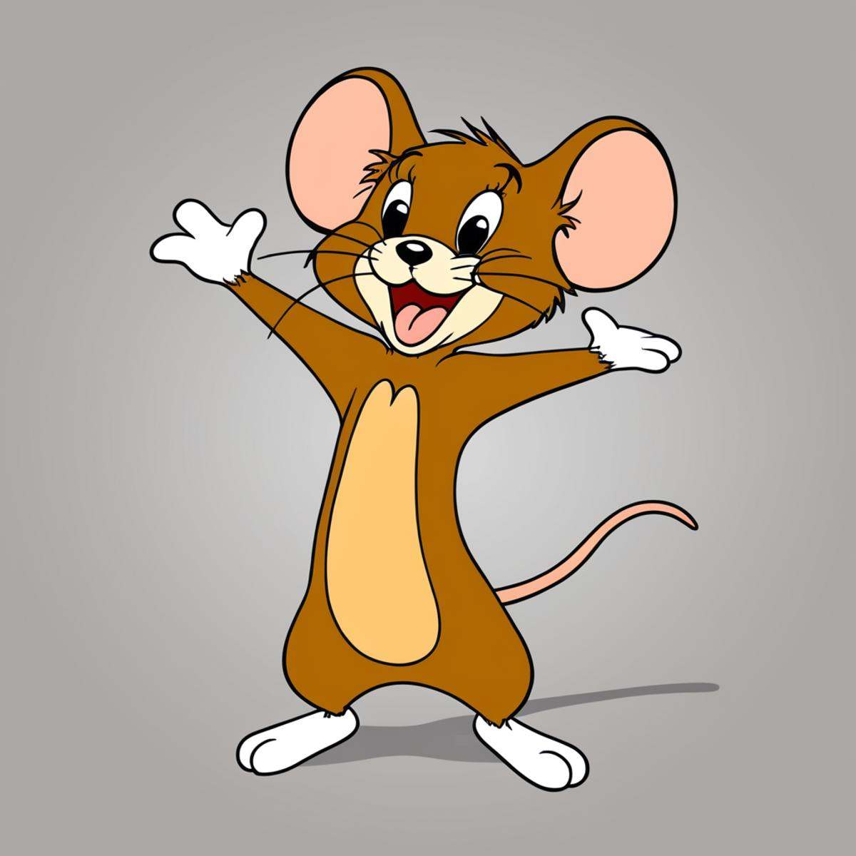 anime artwork of Jerry A cartoon animated picture of a cartoon brown mouse standing up with its paws spread,  animated car...