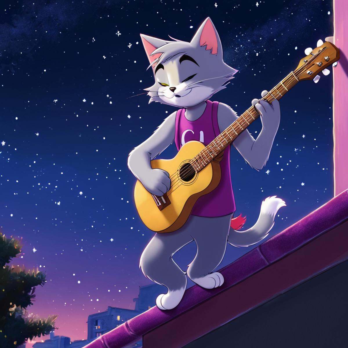 anime artwork of A cartoon animated picture of a cartoon grey cat tom playing a guitar on a balcony,  animated cartoon sty...
