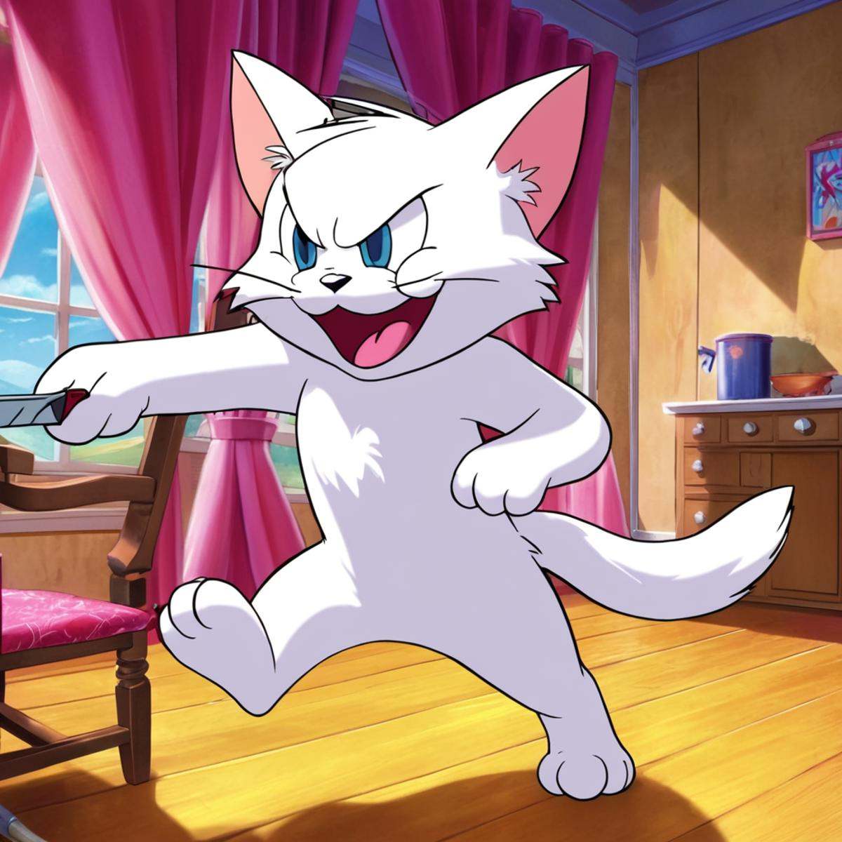 anime artwork of Toodles Galore A cartoon animated picture of a sinister villain white evil cartoon creepycat is running w...