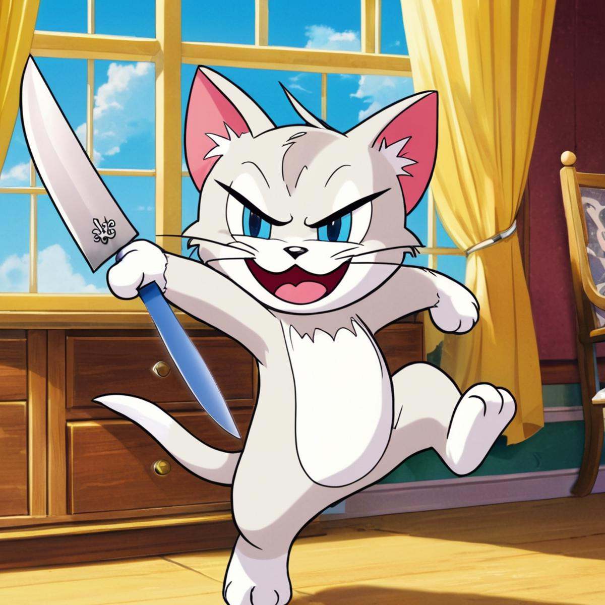 anime artwork of Toodles Galore A cartoon animated picture of a sinister villain white evil cartoon creepycat is running w...