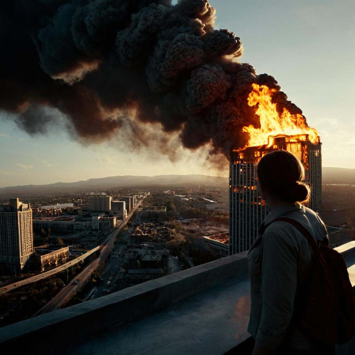 Horror-themed,  1 realism perfect Chiaroscuro Lighting Style A different unique picture of a city with a lot of fire and s...