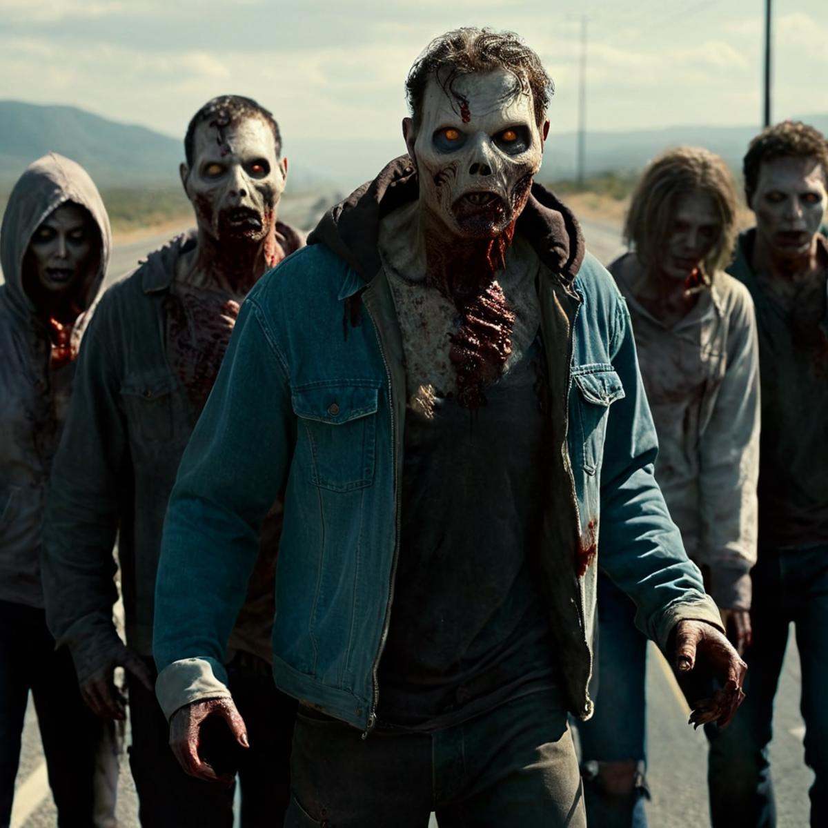 Horror-themed,  1 realism perfect Chiaroscuro Lighting Style Zombie Undead Creatures Monsters Walkers a group of zombie st...