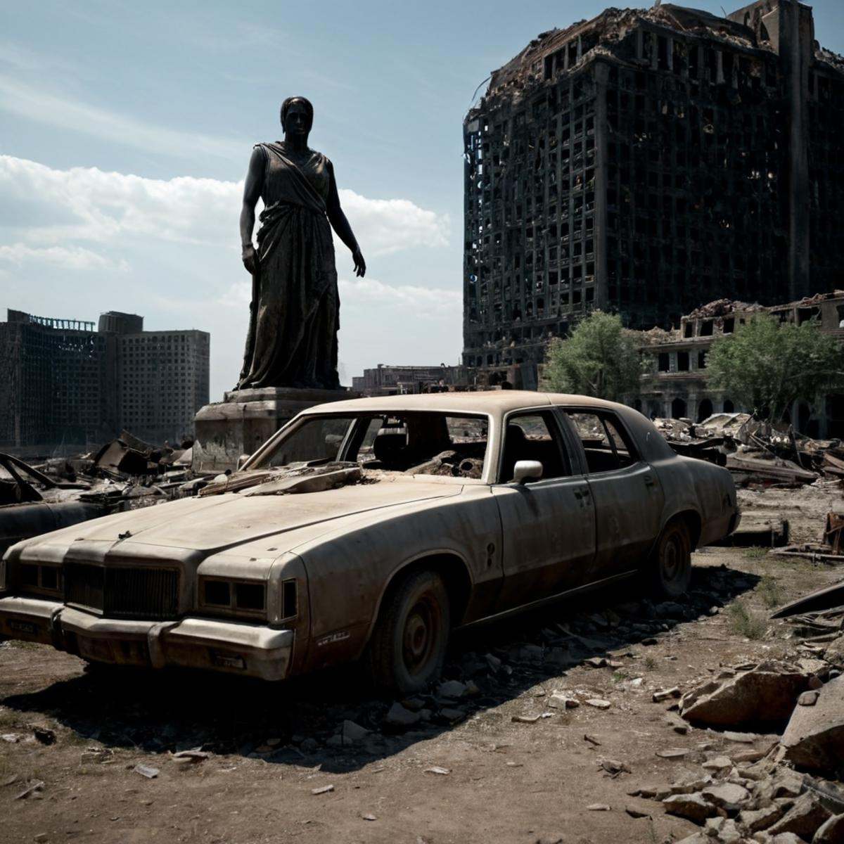 Horror-themed,  1 realism perfect Chiaroscuro Lighting Style A different unique picture of a statue in a ruined city with...