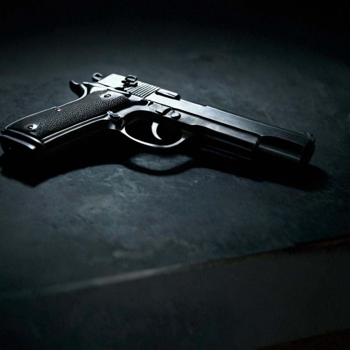 Horror-themed,  1 realism perfect Chiaroscuro Lighting Style A different unique picture of a gun is laying on a table,  ho...