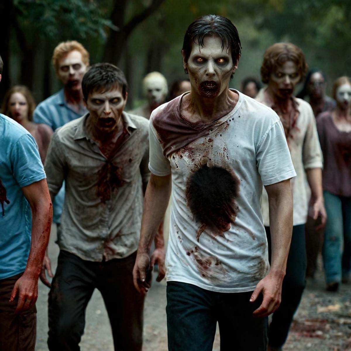 Horror-themed,  1 realism perfect Chiaroscuro Lighting Style A different unique picture of a group of people walking down...