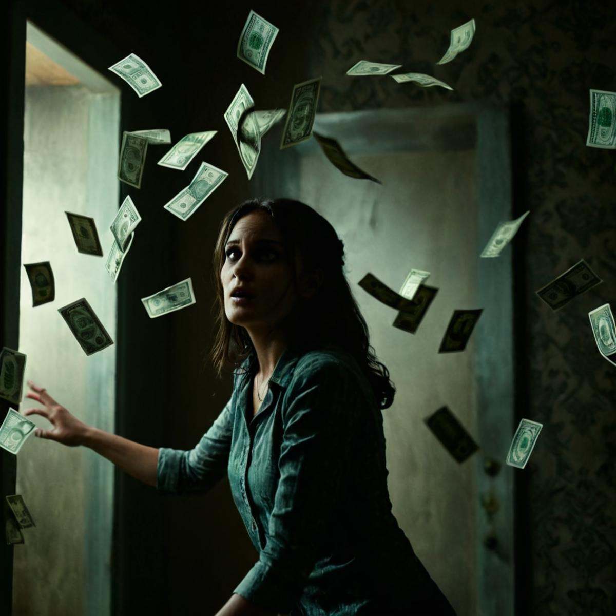 Horror-themed,  1 realism perfect Chiaroscuro Lighting Style A different unique picture of a bunch of money flying through...