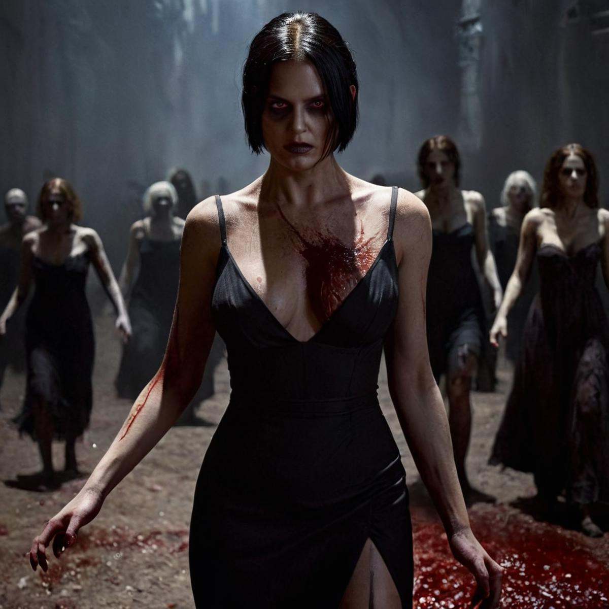 Horror-themed,  1 realism perfect Chiaroscuro Lighting Style Zombie Undead Creatures Monsters Walkers a woman with blood o...