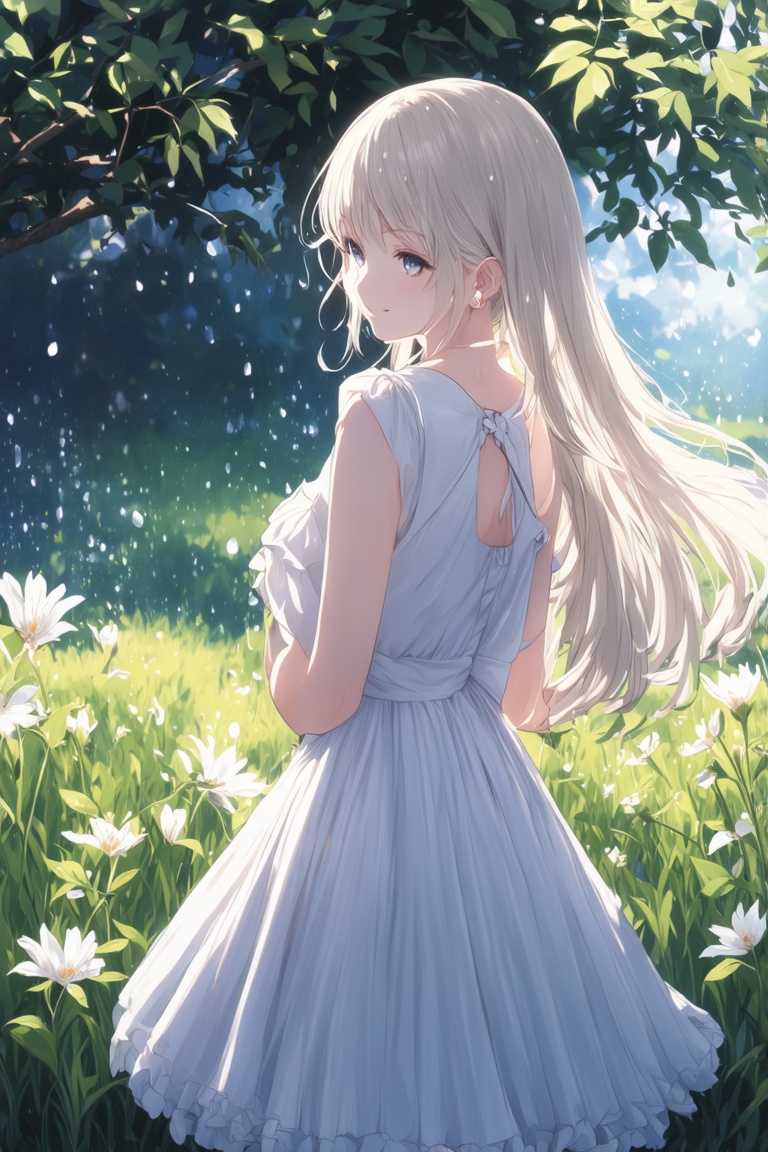 Anime, 
Bright colors,sun light,light,BERGAMOT,White flower,beautiful girl,exquisite features,Hair loss,Calm expression,Garden Furniture,Elegant dress,Soft sunlight,Breeze,Bright atmosphere,Backlit stage,Smile Tips,Mysterious glow,Morning is refreshing,Long Shadow,Harmony of Nature,A subtle thought,Natural Beauty,Sparkling dewdrops,Clear details,Quietness and peace,Superior Ingredients,Visit our branch,Whispering leaves,Aromatherapy Petals,with a shining light,Sparkling Sparkle,Subtle Shadows,Soft Focus,Sublime Beauty,Whispering Nature,Great atmosphere,Illuminated Background.