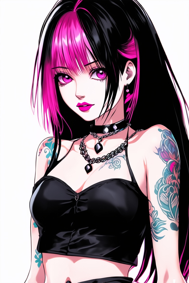 Anime, 
Goth girl, goth girl 1girl, 1girl,solo,looking at viewer, long hair,hair between the eyes,bare shoulders,jewelry,(black hair, pink hair,multicolored hair,glowing hair), tattoo, sleeveless,pink eyes,necklace,two-tone hair,lips,makeup,white background,portrait,spot colo