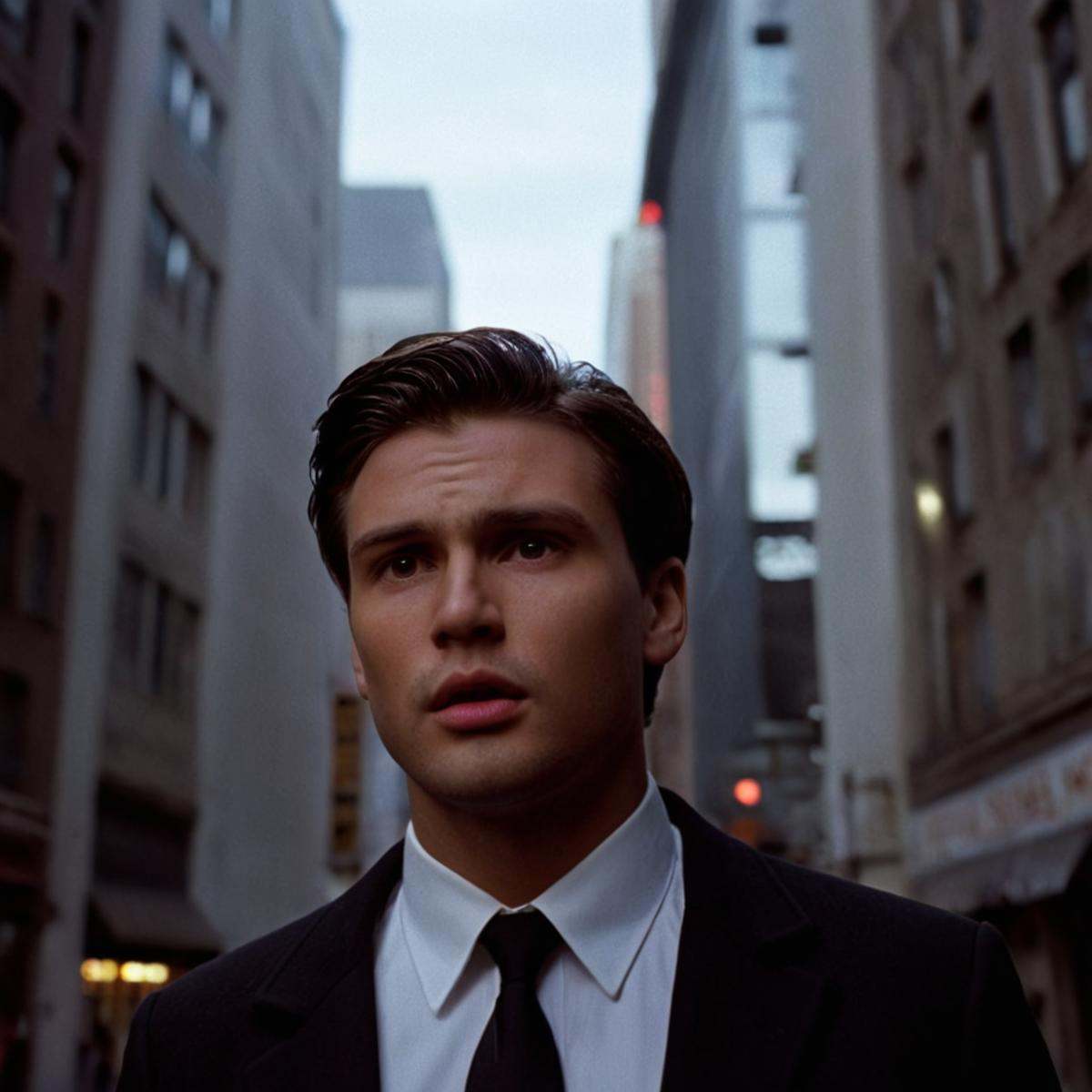 cinematic film still of 1 realism perfect Chiaroscuro Lighting Style Low Angle From Below a man in a suit talking on a cel...
