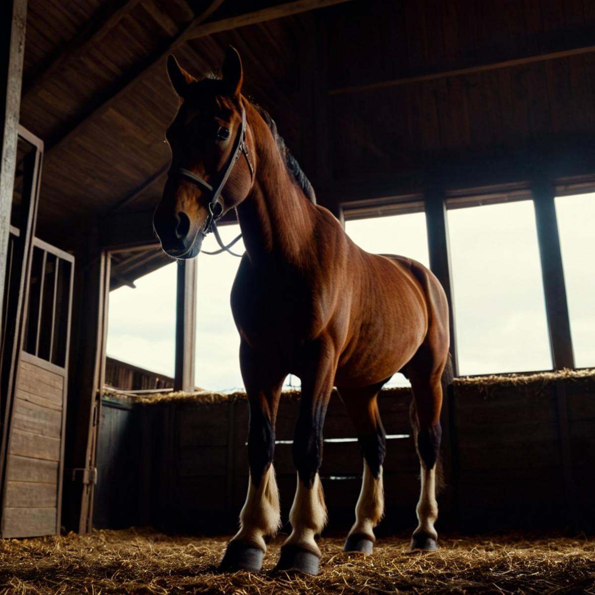 cinematic film still of 1 realism perfect Chiaroscuro Lighting Style Low Angle From Below a horse standing in a barn with...