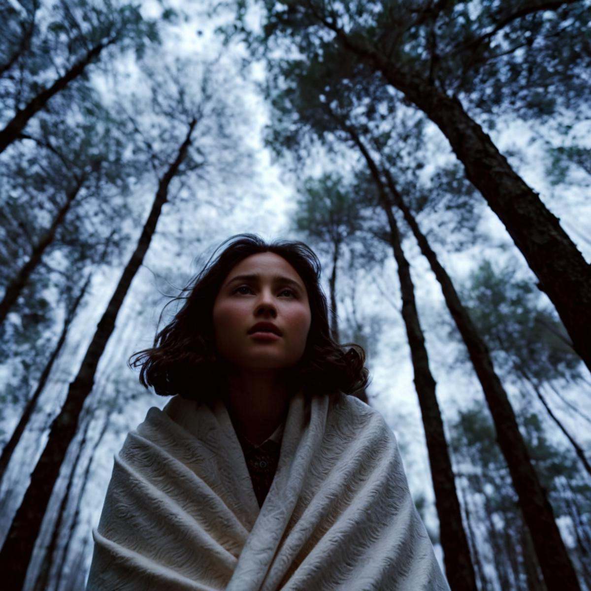 cinematic film still of 1 realism perfect Chiaroscuro Lighting Style Low Angle From Below a woman wrapped in a blanket sta...