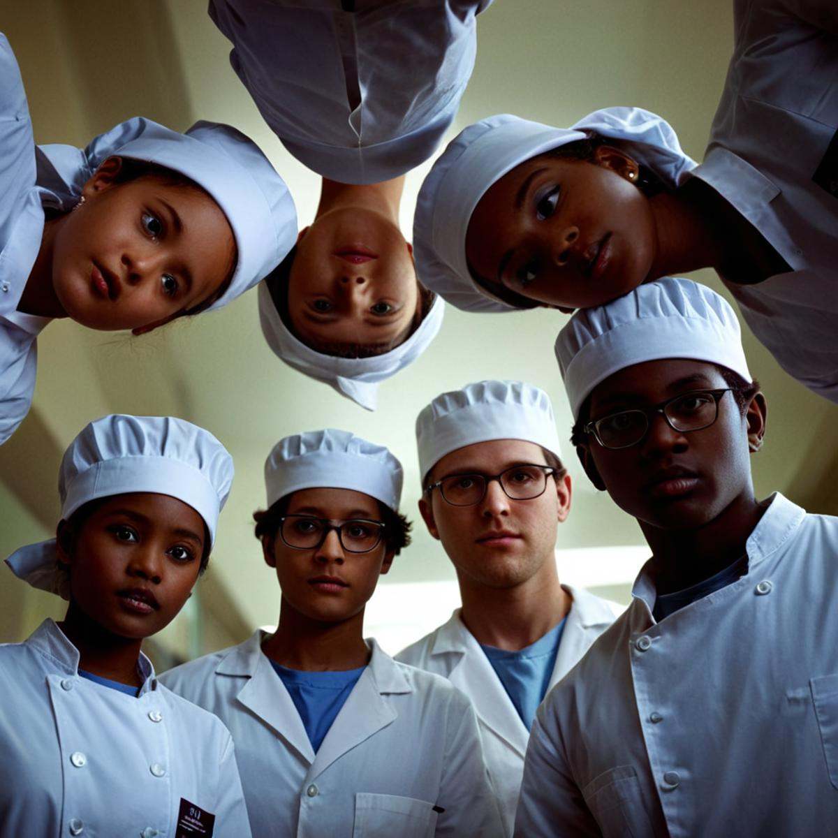 cinematic film still of 1 realism perfect Chiaroscuro Lighting Style Low Angle From Below a group of doctors standing in a...