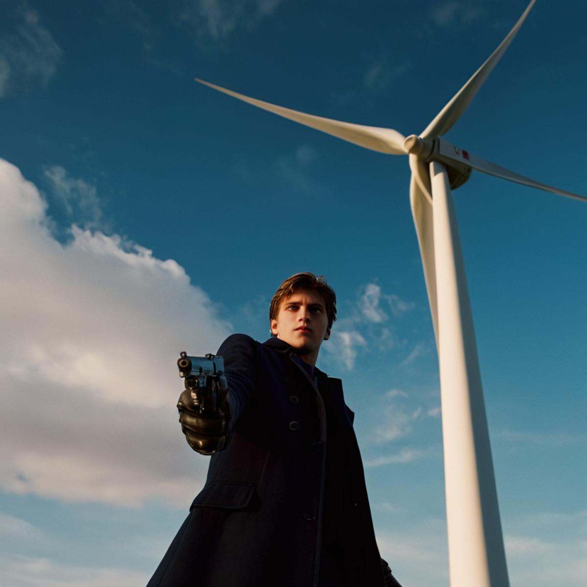 cinematic film still of 1 realism perfect Chiaroscuro Lighting Style Low Angle a man From Below standing next to a wind tu...