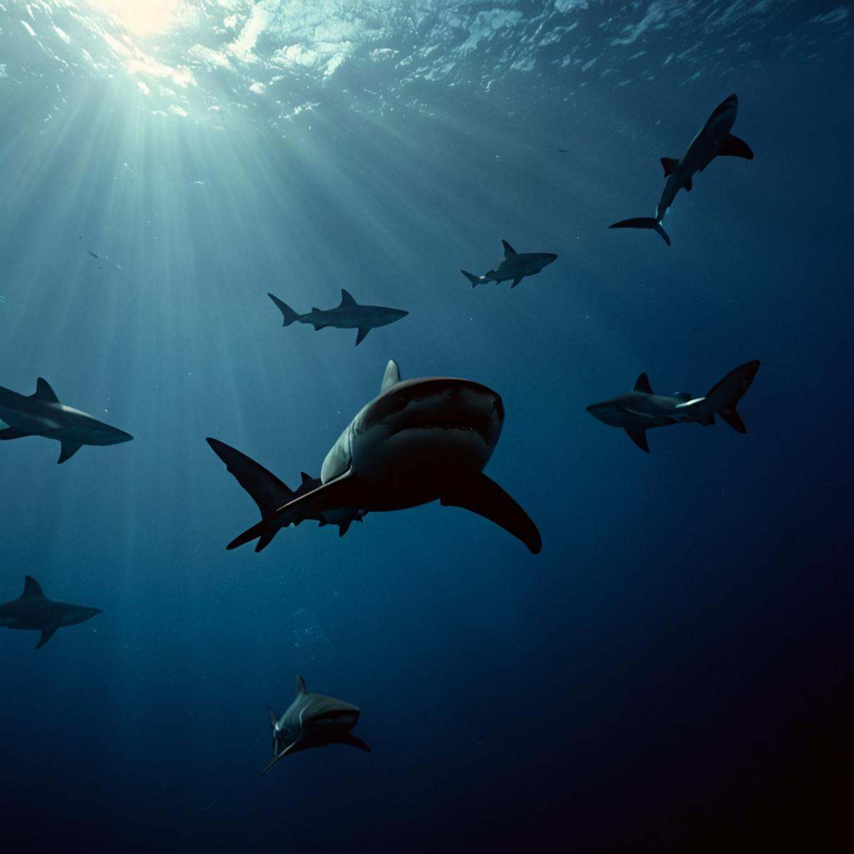 cinematic film still of 1 realism perfect Chiaroscuro Lighting Style Low Angle From Below a group of sharks swimming in th...