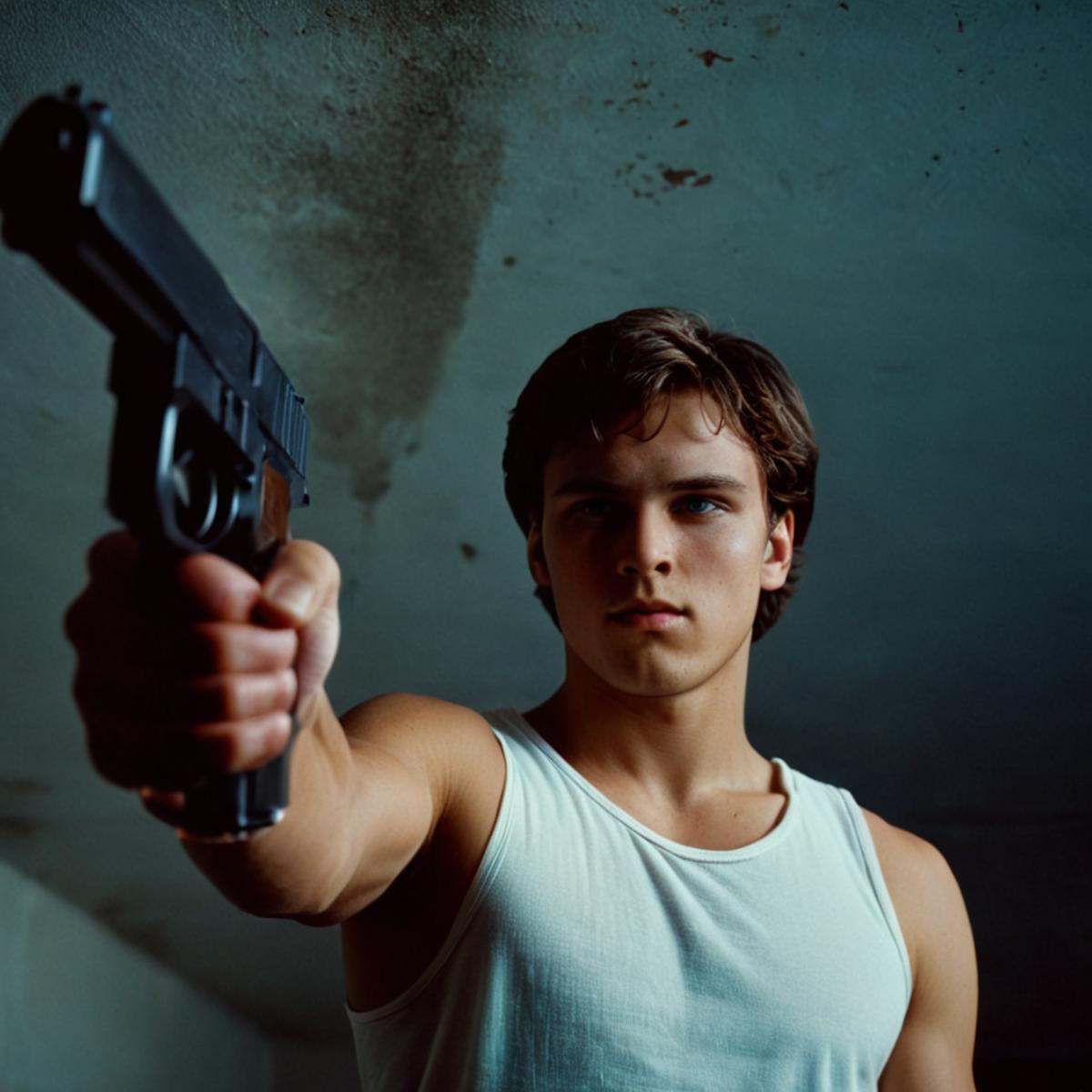 cinematic film still of 1 realism perfect Chiaroscuro Lighting Style Low Angle From Below a man holding a gun in a dark ro...