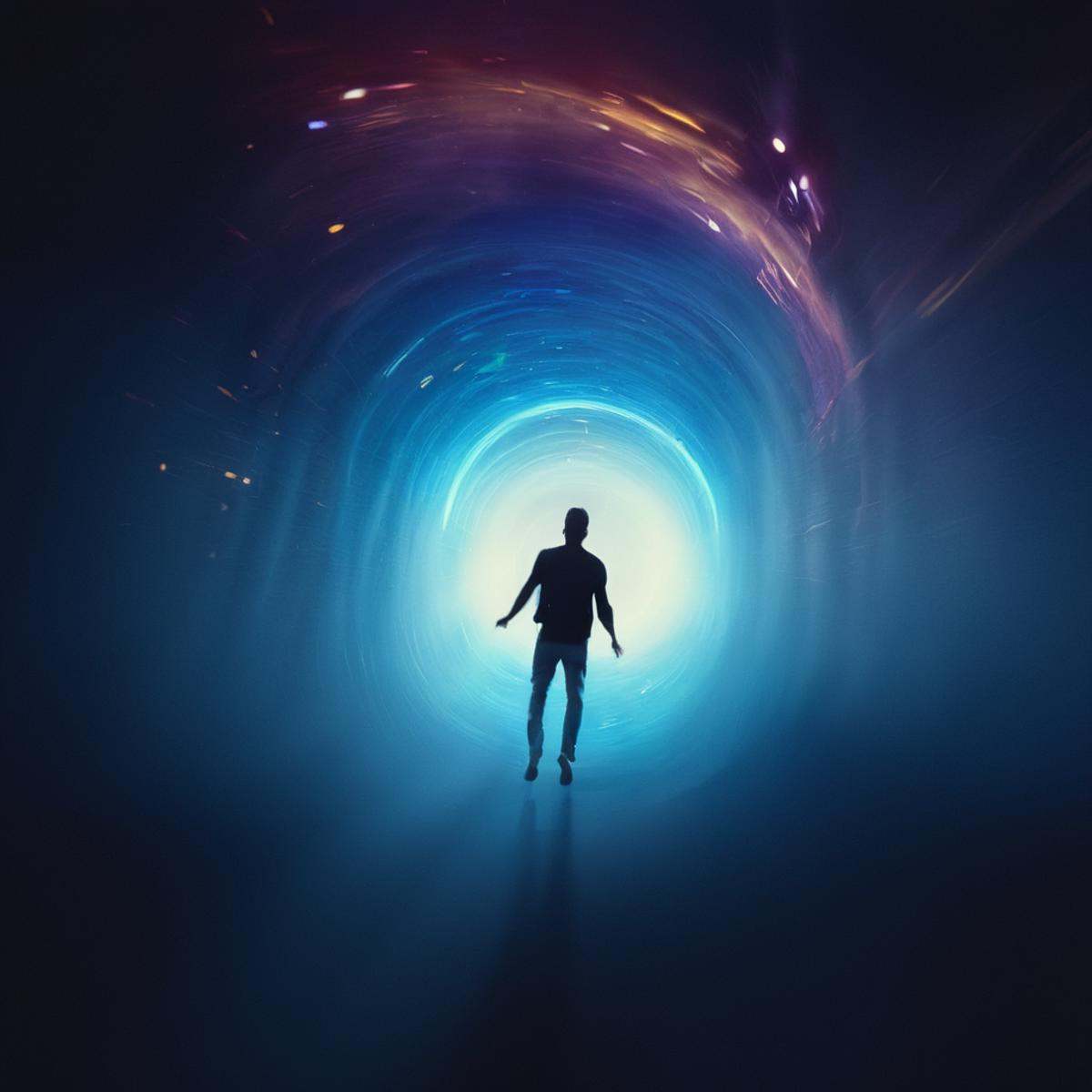 cinematic film still of volumetric lighting stylea person flying through a colorful blue wormhole space tunnel of colorful...
