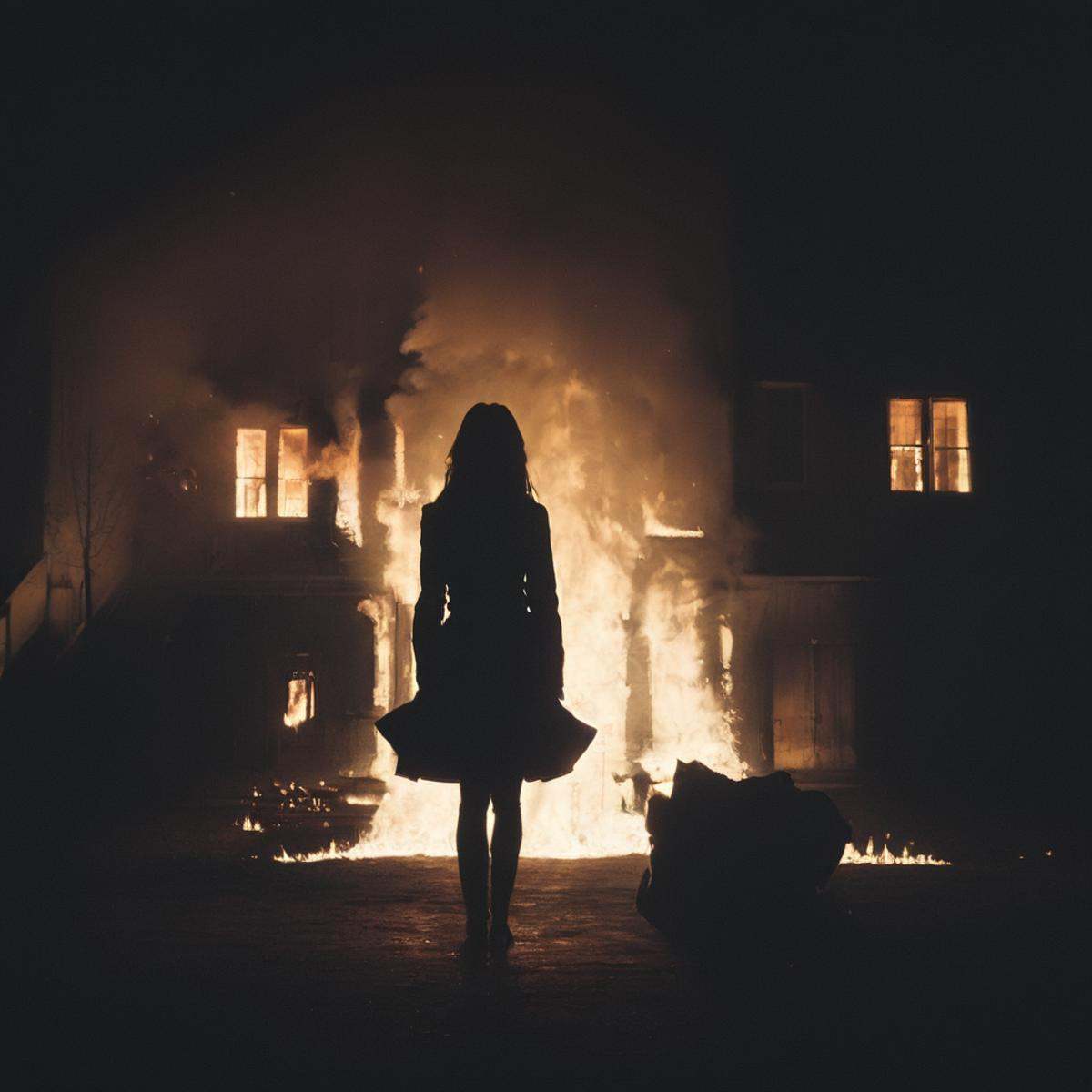 cinematic film still of volumetric lighting stylea silhouette woman standing in front of a fire burning building in the da...