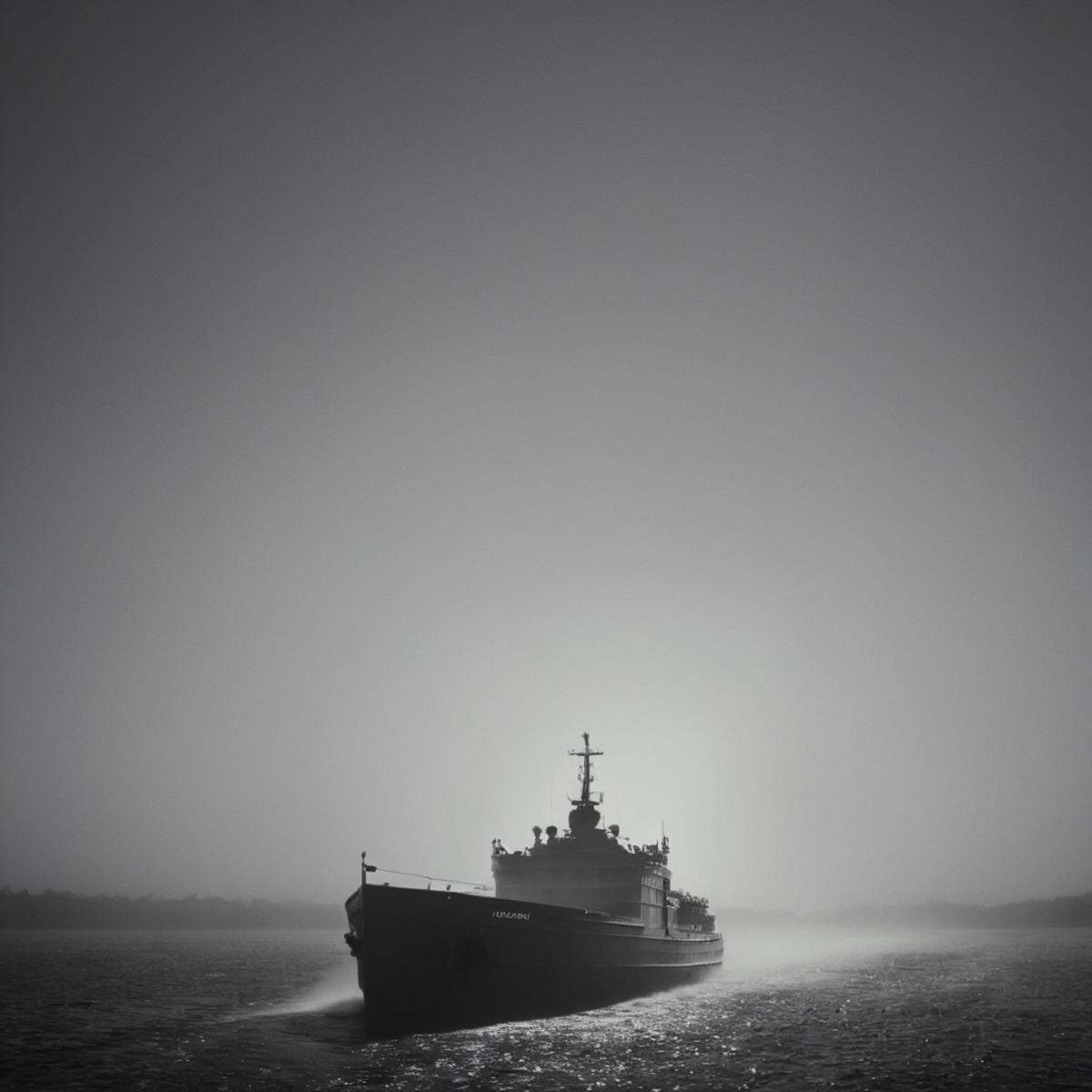 cinematic film still of volumetric lighting stylea ship is traveling through the water in the fog,  moving to the camera,...
