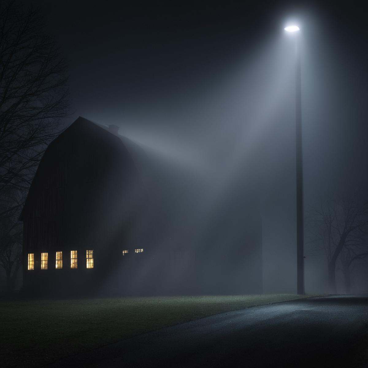 cinematic film still of volumetric lighting stylea barn with a shaft ray light shining out of the window at night,  outdoo...