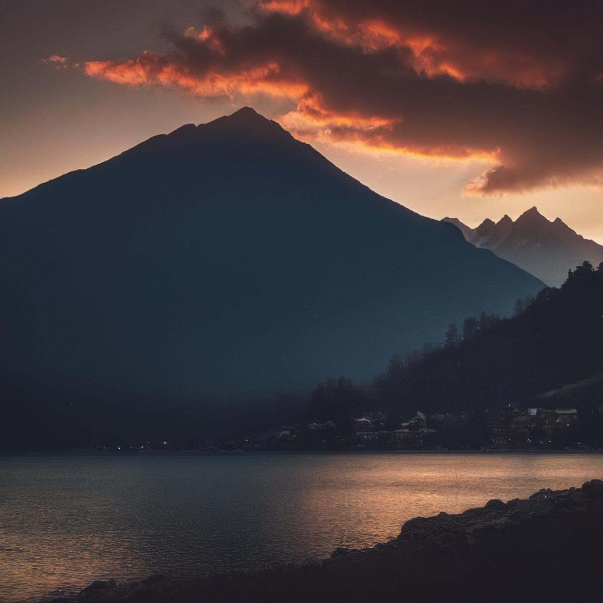 cinematic film still of volumetric lighting stylea beautiful sunset over a lake with a mountain in the background,  outdoo...