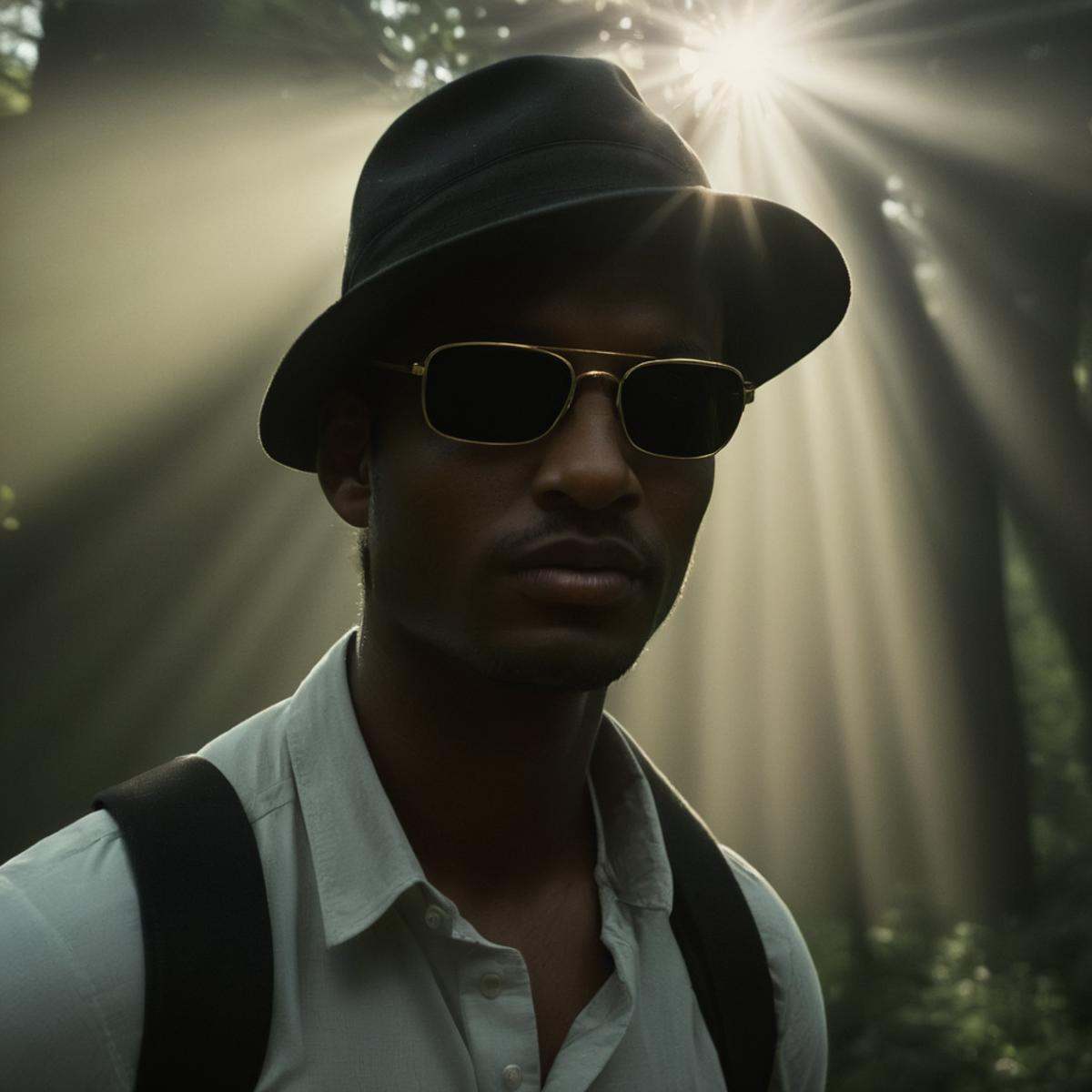 cinematic film still of volumetric lighting stylea man wearing a hat and sunglasses in the woods with sun beam light on,...