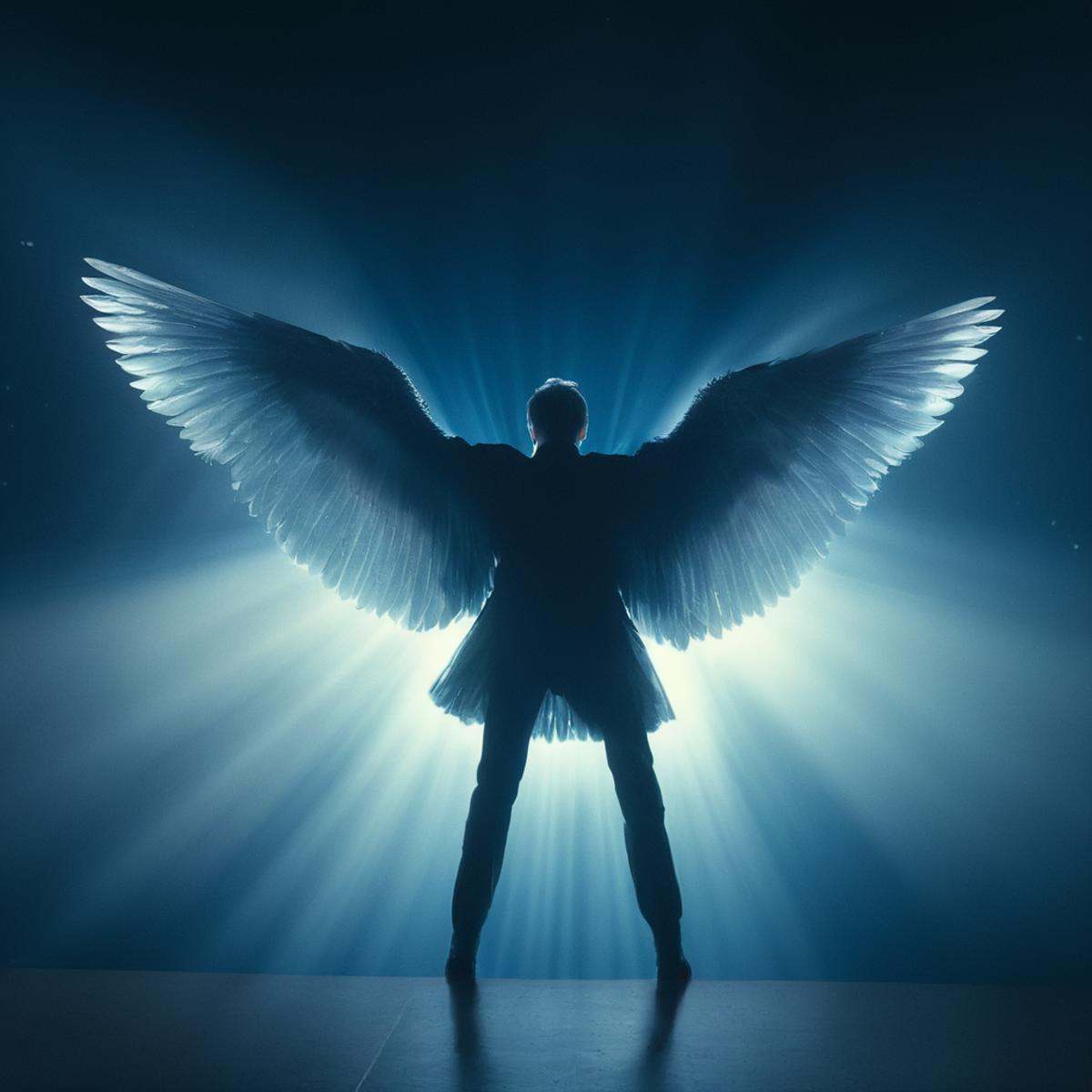 cinematic film still of volumetric lighting stylea Valkyrie mythical creature hovering in a dark room with a large window...