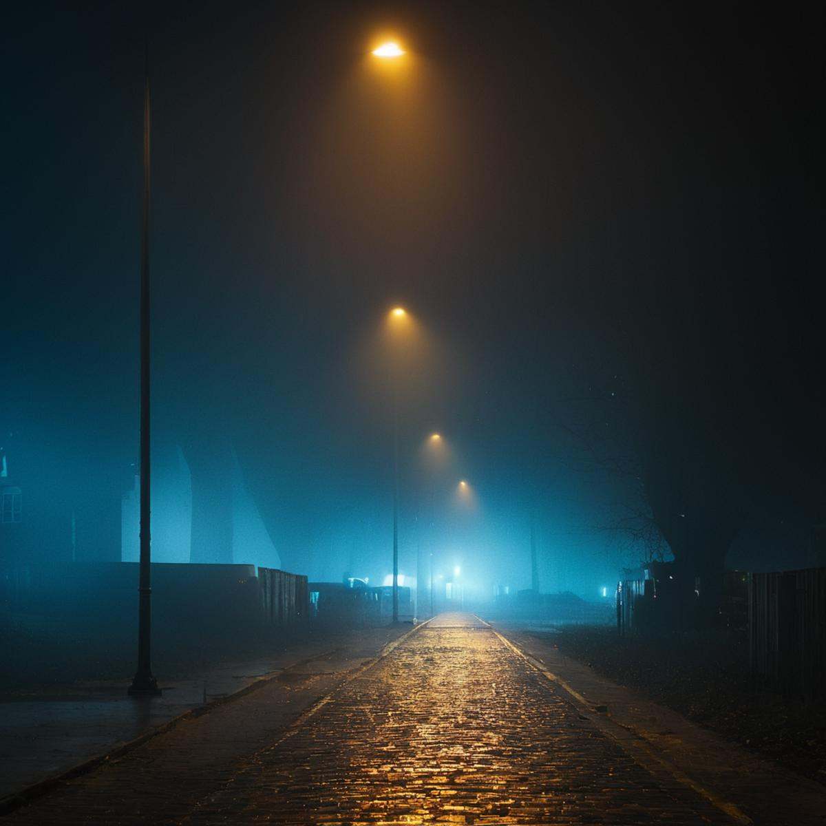 cinematic film still of volumetric lighting stylea street with a brick road and street mix lights,  outdoors,  sky on Tens...