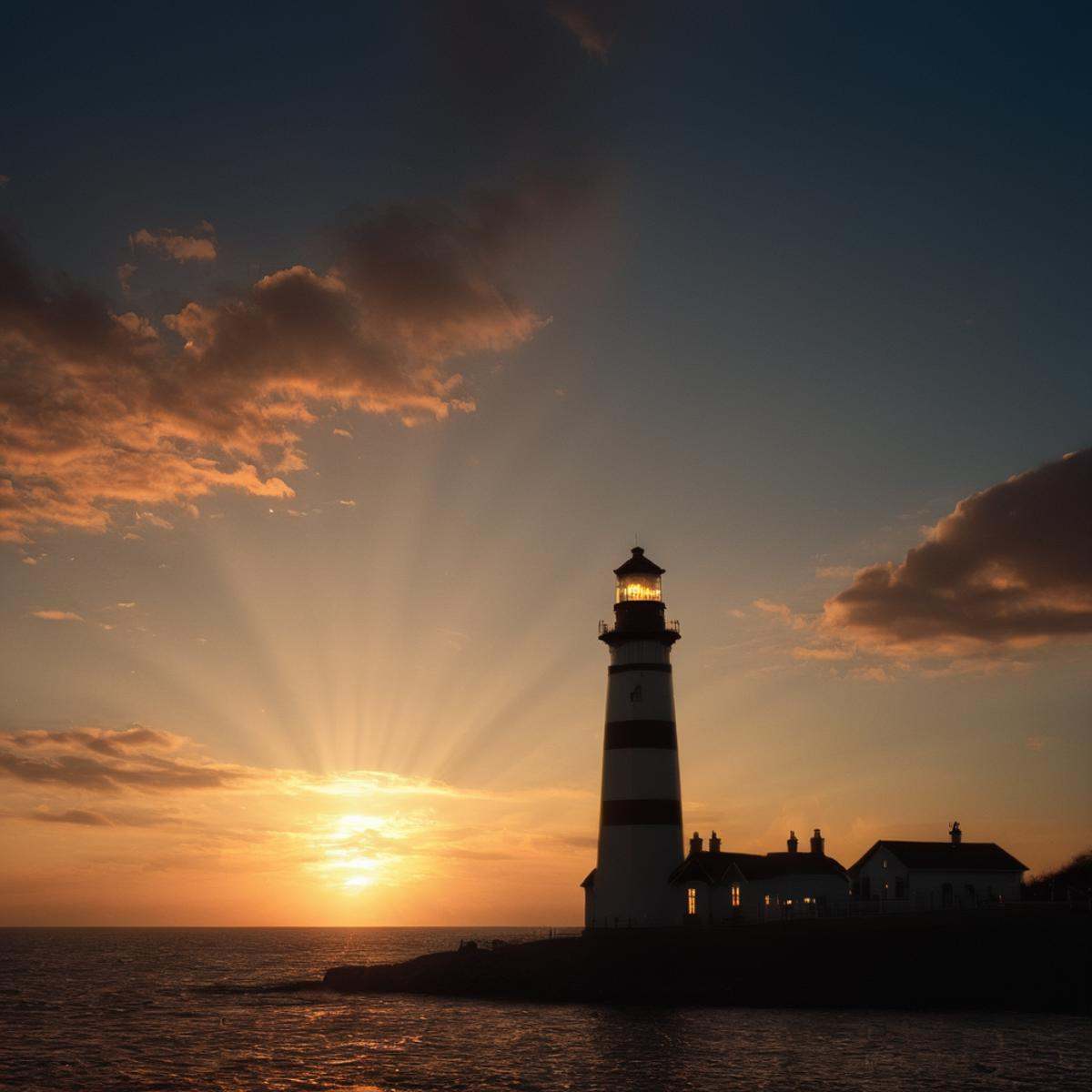 cinematic film still of volumetric lighting stylea sunset over a body of water with a lighthouse in the distance,  outdoor...