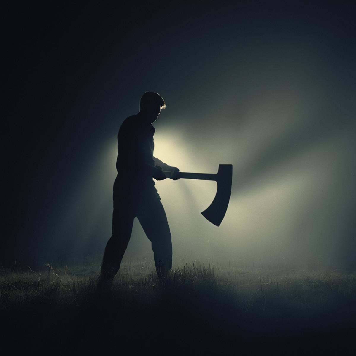 cinematic film still of volumetric lighting stylea man covered in shadows with a large wooden axe,  in the dark field,  ou...