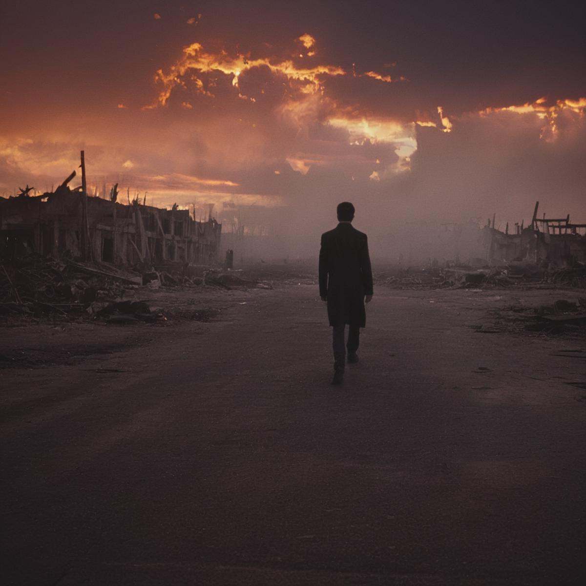 cinematic film still of volumetric lighting stylea man walking through a dystopian destroyed wrecked city with a red orang...