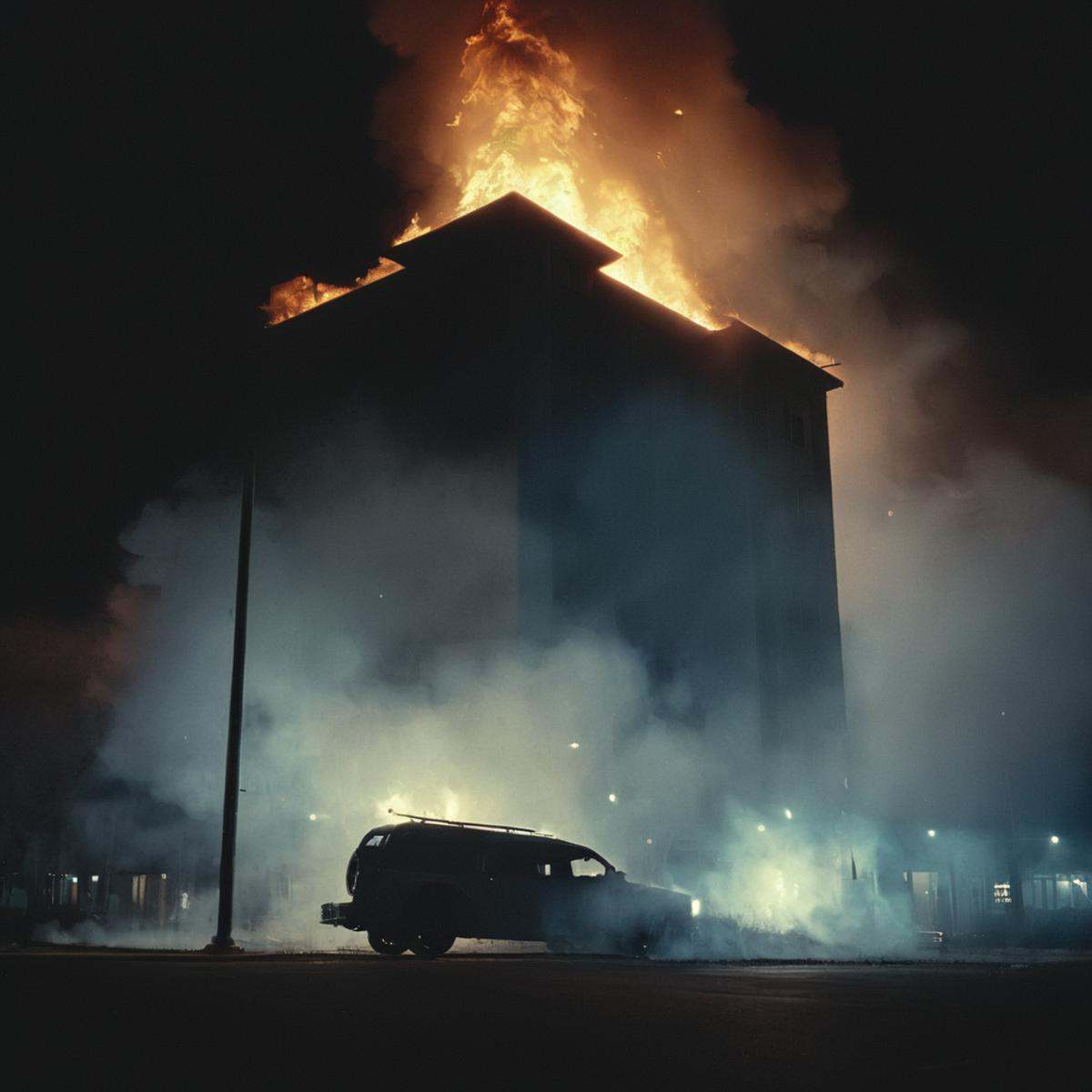 cinematic film still of volumetric lighting stylefrom below,  a fire is raging through a building at night,  outdoors on T...