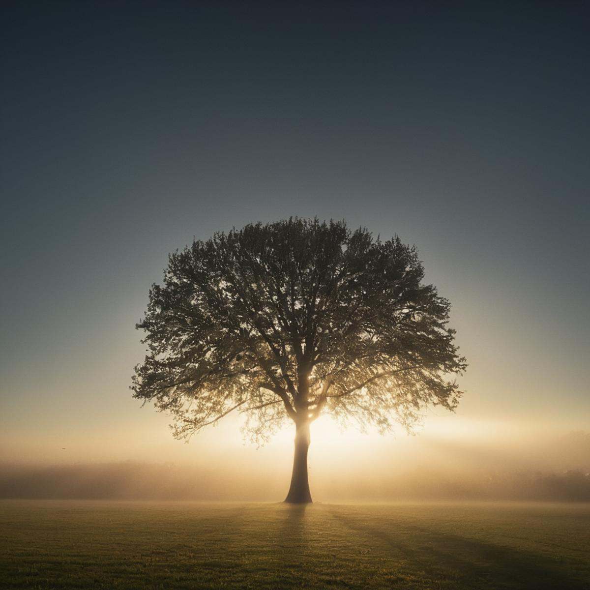 cinematic film still of volumetric lighting stylea lone tree in a field with the sun shining through the fog,  monochrome,...