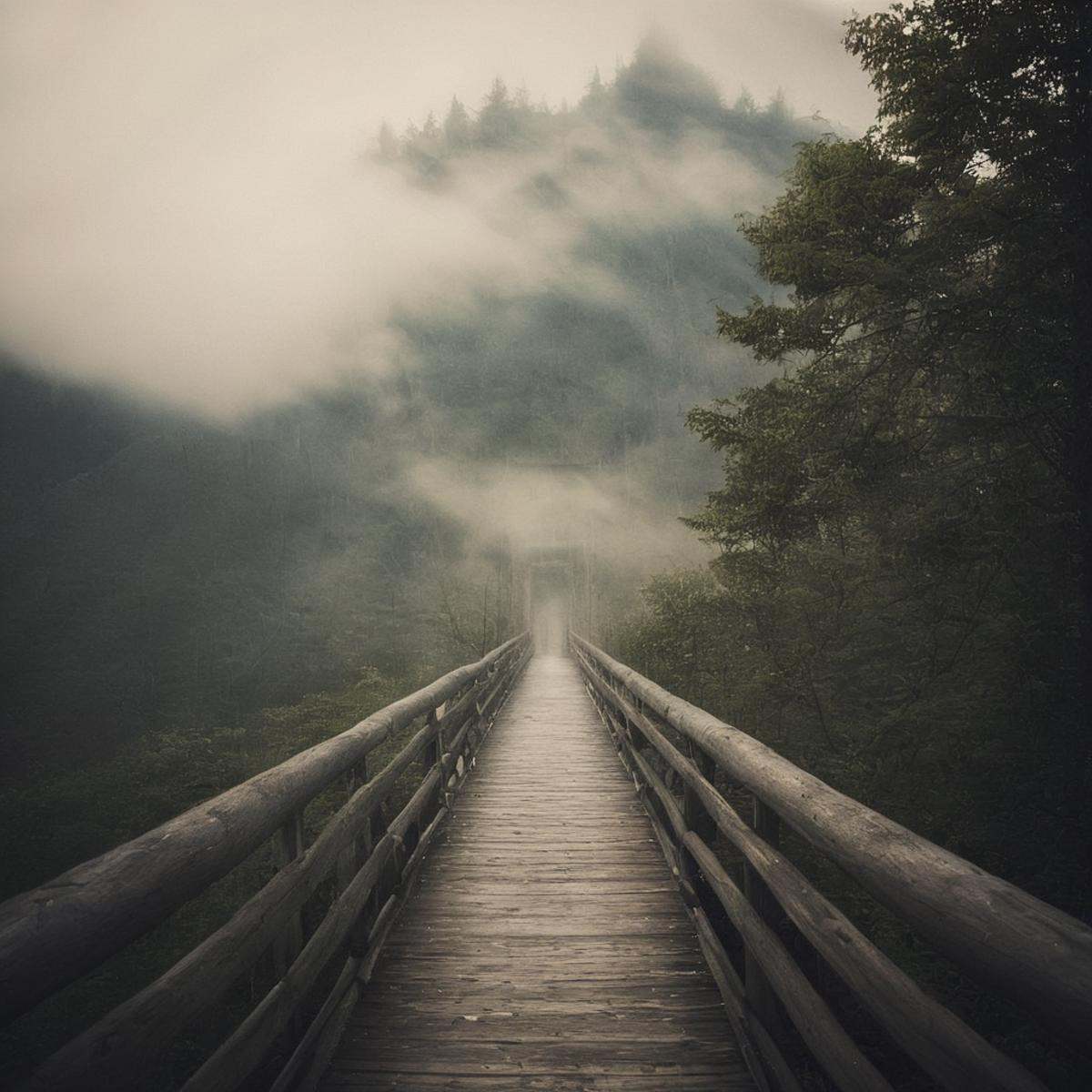 cinematic film still of volumetric lighting stylea wooden bridge over a river with mountains in the background-in hazy fog...