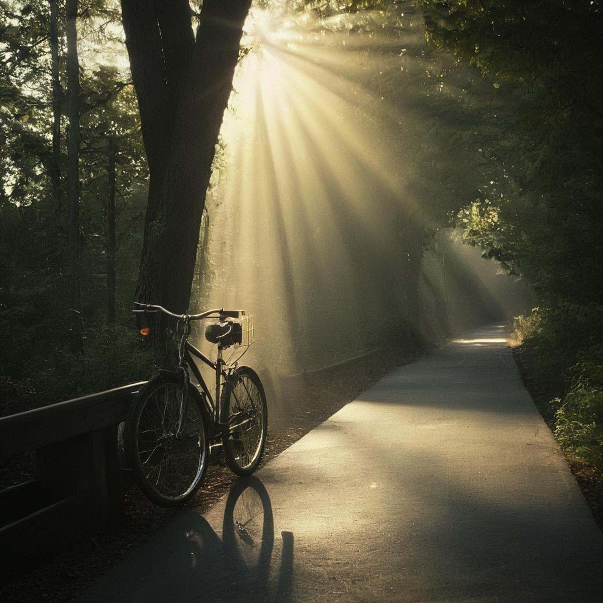 cinematic film still of volumetric lighting stylea bicycle is parked on a bridge in the woods with sunlight shaft light be...
