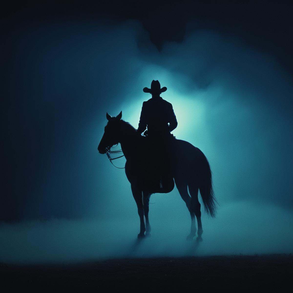 cinematic film still of volumetric lighting stylea silhouette man dressed in cowboy costume,  riding a horse in the dark a...