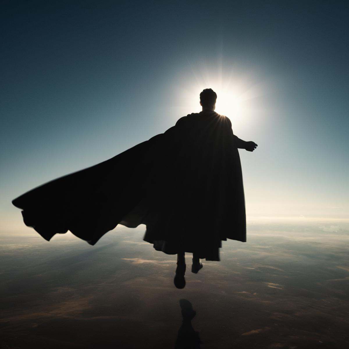 cinematic film still of volumetric lighting stylea man covered in shadow in black superman costume hovering through the ai...