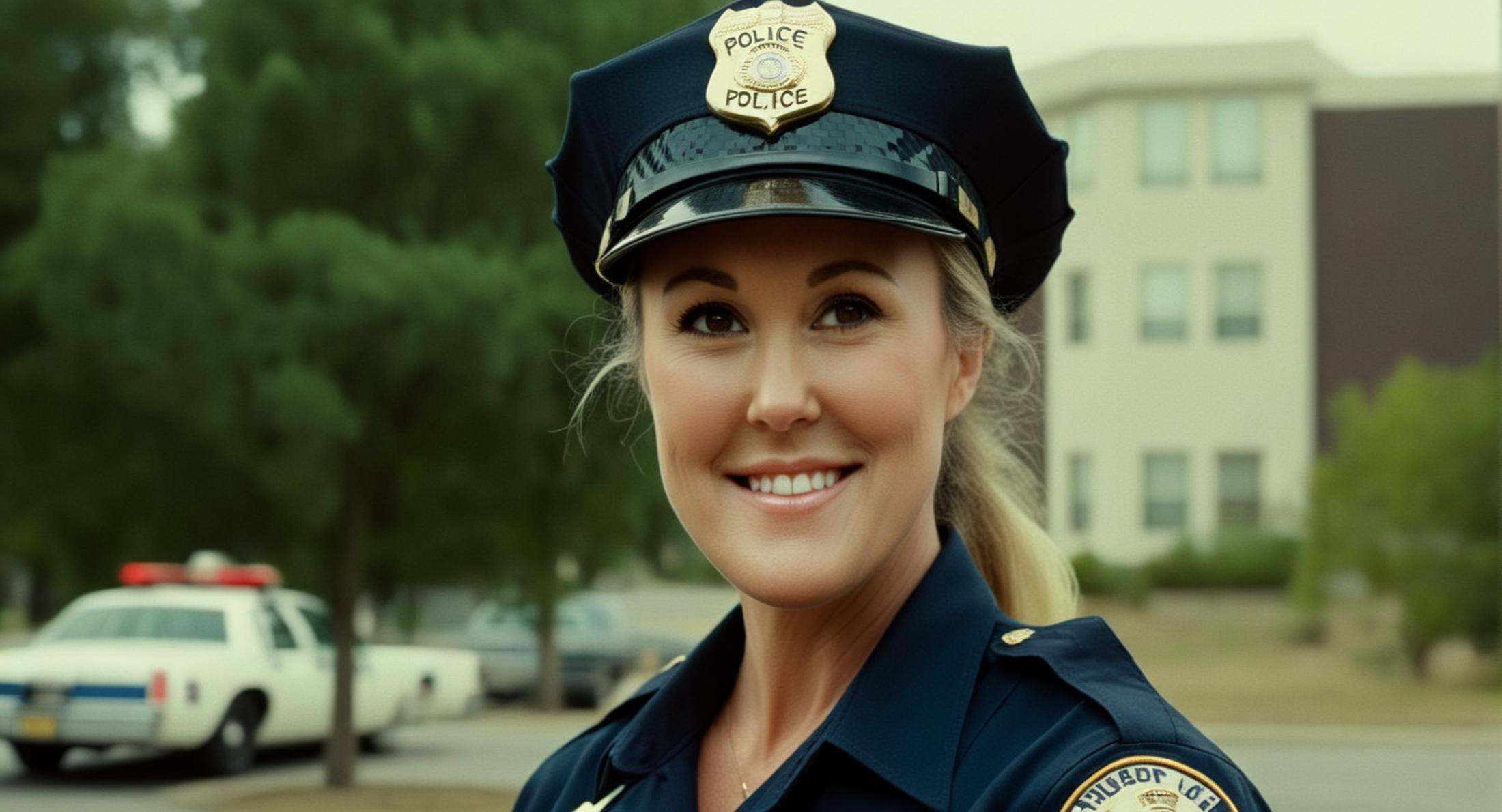 cinematic film still of brandi love in a police uniform smiling for a picture cinematic vintage film style ,  shallow dept...
