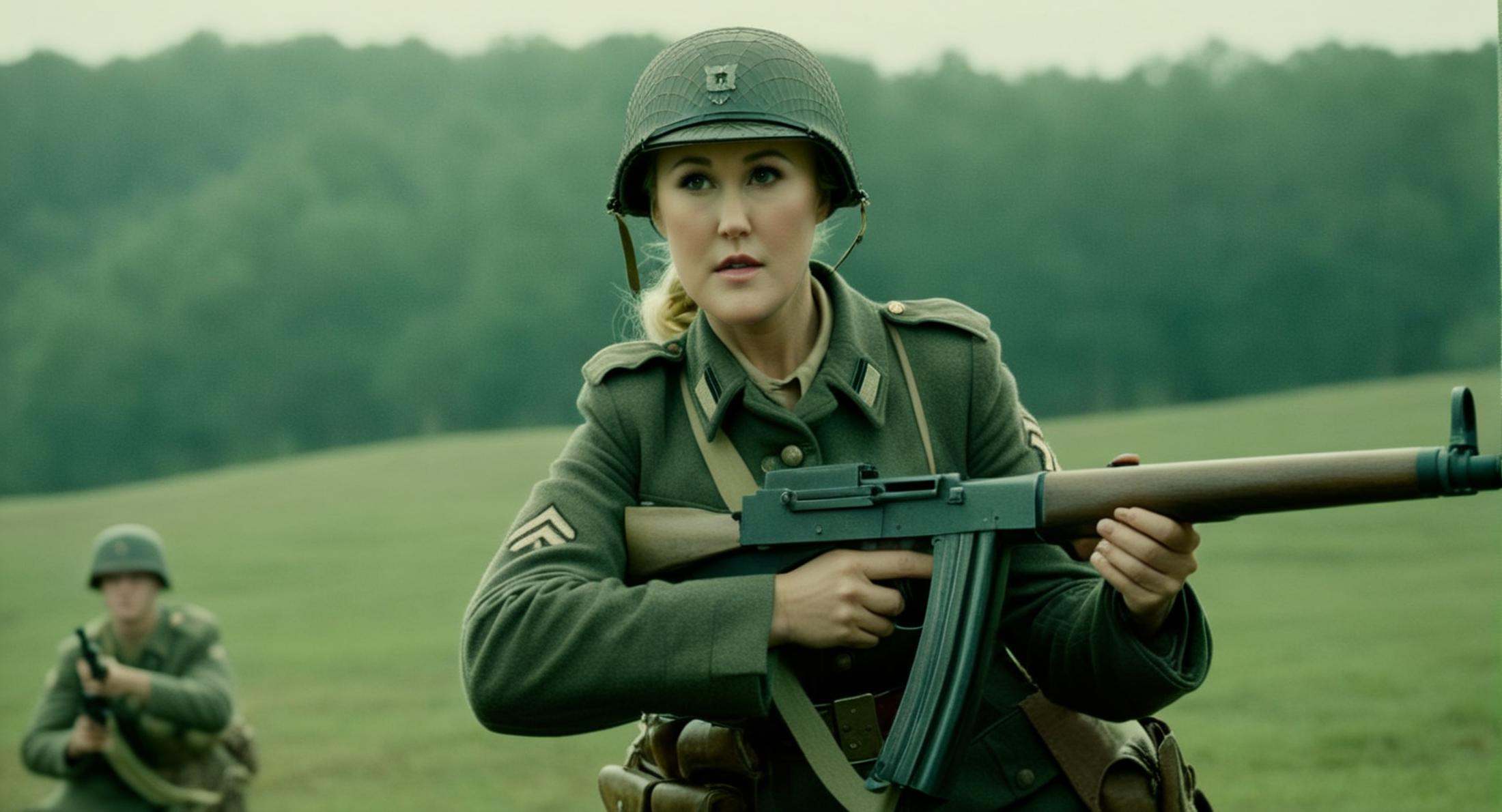 cinematic film still of brandi love ww2 soldier in a military uniform with a machine gun cinematic ww2 style ,  shallow de...