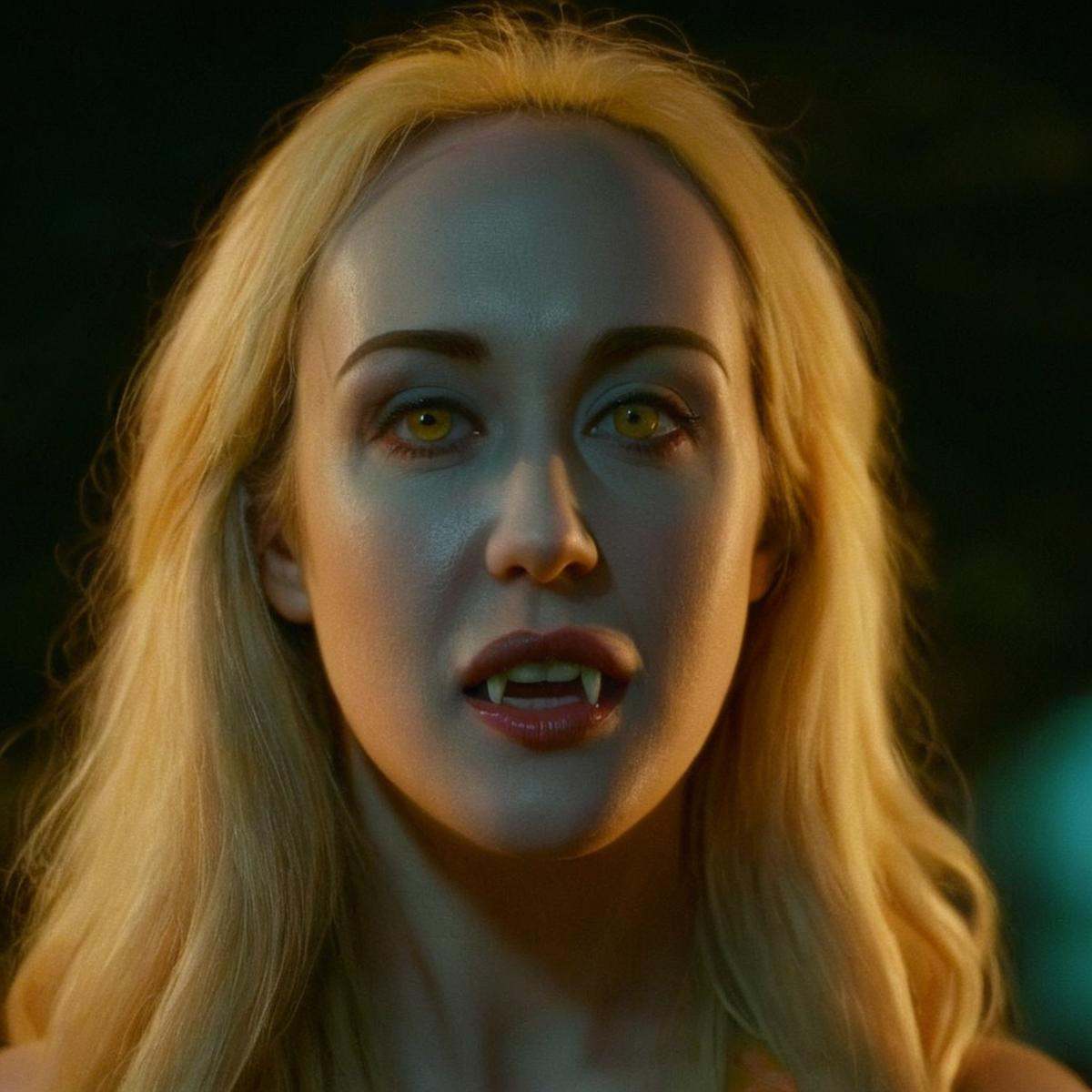 cinematic film still of Brandi LoveA pale skin white woman with vampire teeth staring at camera with reflective eyes and g...