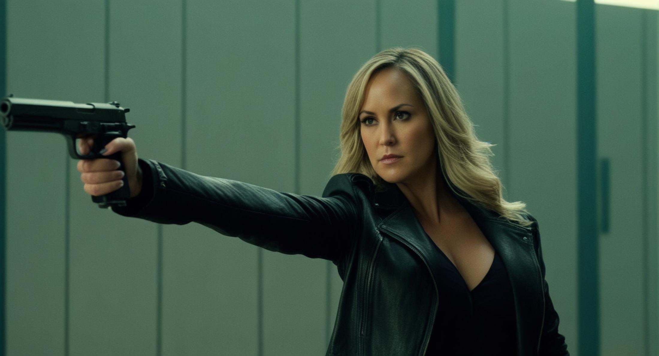 cinematic film still of brandi lovea in a black jacket holding a gun Cinematic Film Style ,  shallow depth of field,  vign...
