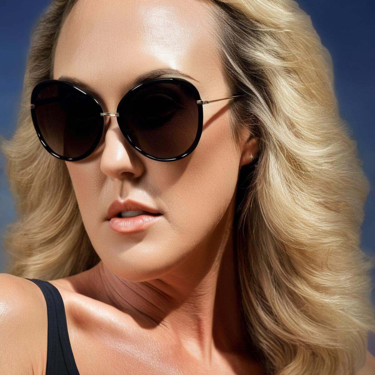 Hyperrealistic art of Brandi LovePerfect Detailed Innocent Looking Epica woman with a black top and sunglasses retro style...