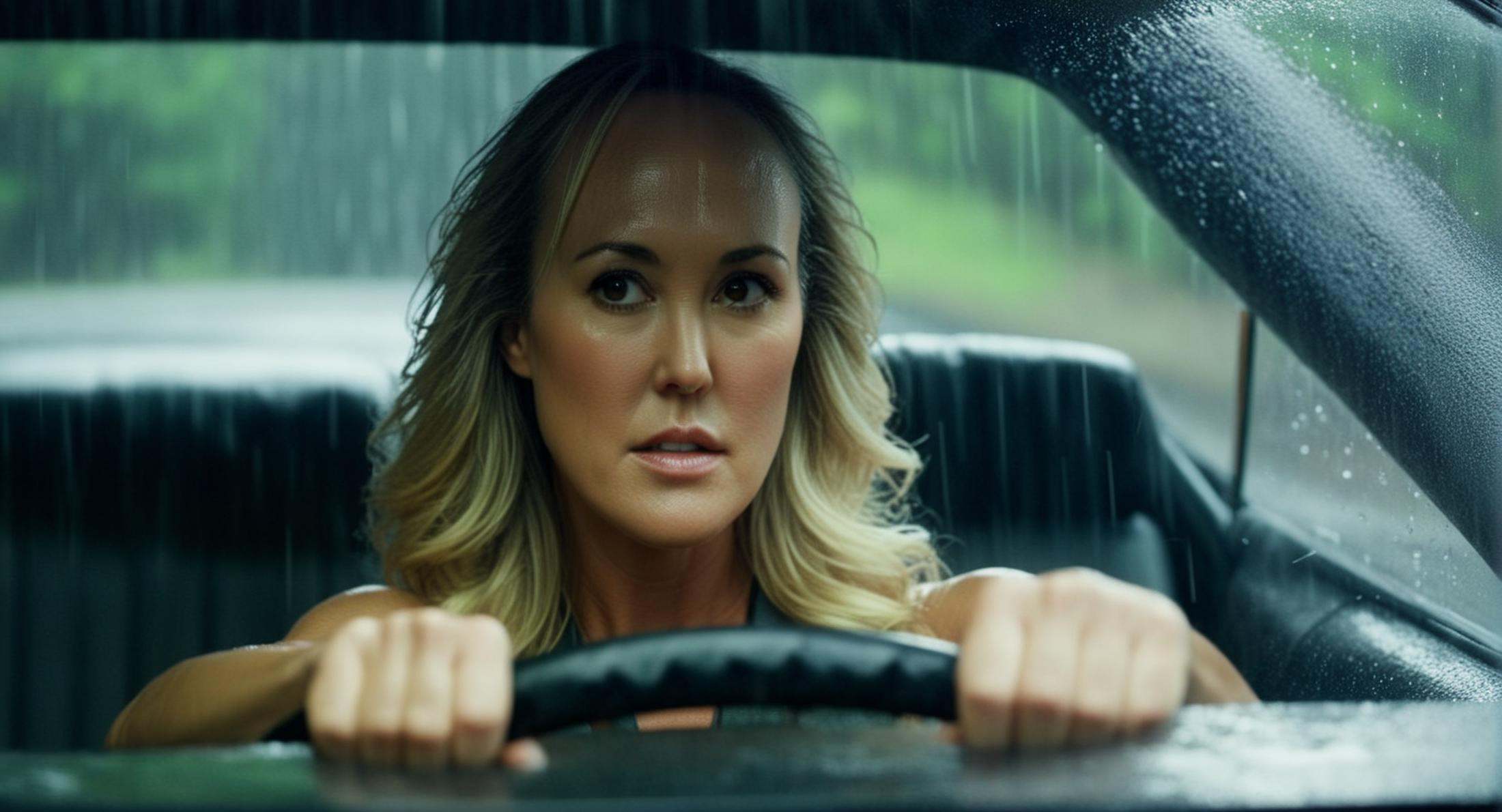 cinematic film still of brandi love in a car with heavy rain Cinematic Film Style ,  shallow depth of field,  vignette on...